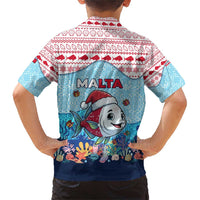 Malta Christmas Family Matching Short Sleeve Bodycon Dress and Hawaiian Shirt with Santa Fish Malta Flag Coral Reef and Red Blue Festive Pattern Design - Wonder Print Shop