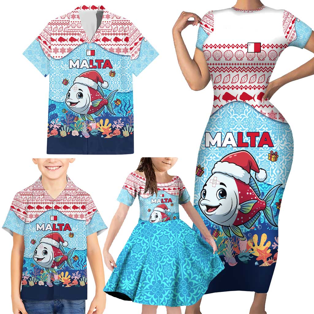 Malta Christmas Family Matching Short Sleeve Bodycon Dress and Hawaiian Shirt with Santa Fish Malta Flag Coral Reef and Red Blue Festive Pattern Design - Wonder Print Shop