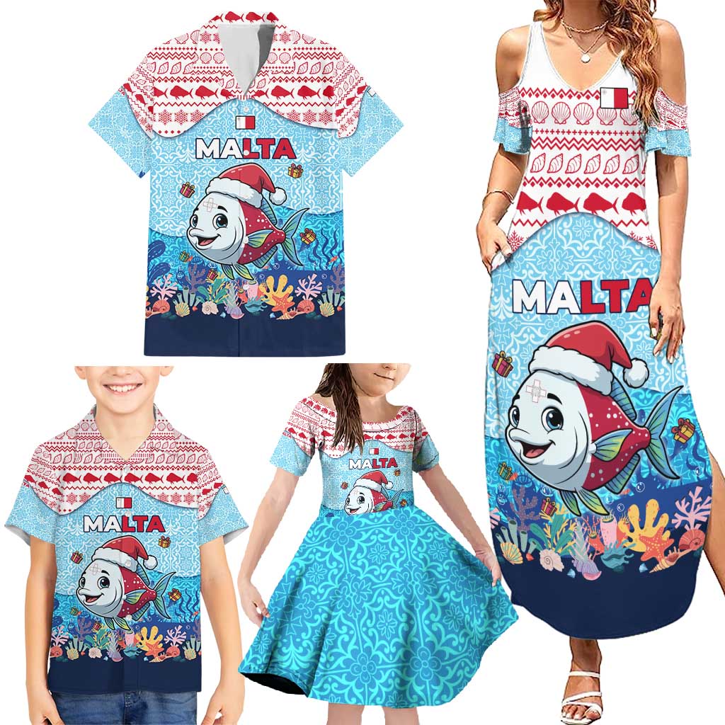 Malta Christmas Family Matching Summer Maxi Dress and Hawaiian Shirt with Santa Fish Malta Flag Coral Reef and Red Blue Festive Pattern Design - Wonder Print Shop