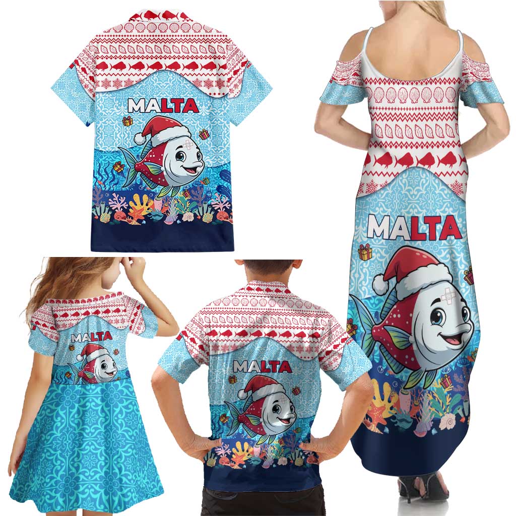 Malta Christmas Family Matching Summer Maxi Dress and Hawaiian Shirt with Santa Fish Malta Flag Coral Reef and Red Blue Festive Pattern Design - Wonder Print Shop