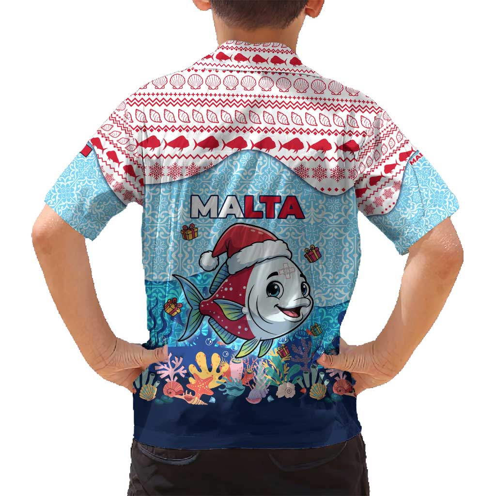 Malta Christmas Family Matching Tank Maxi Dress and Hawaiian Shirt with Santa Fish Malta Flag Coral Reef and Red Blue Festive Pattern Design - Wonder Print Shop