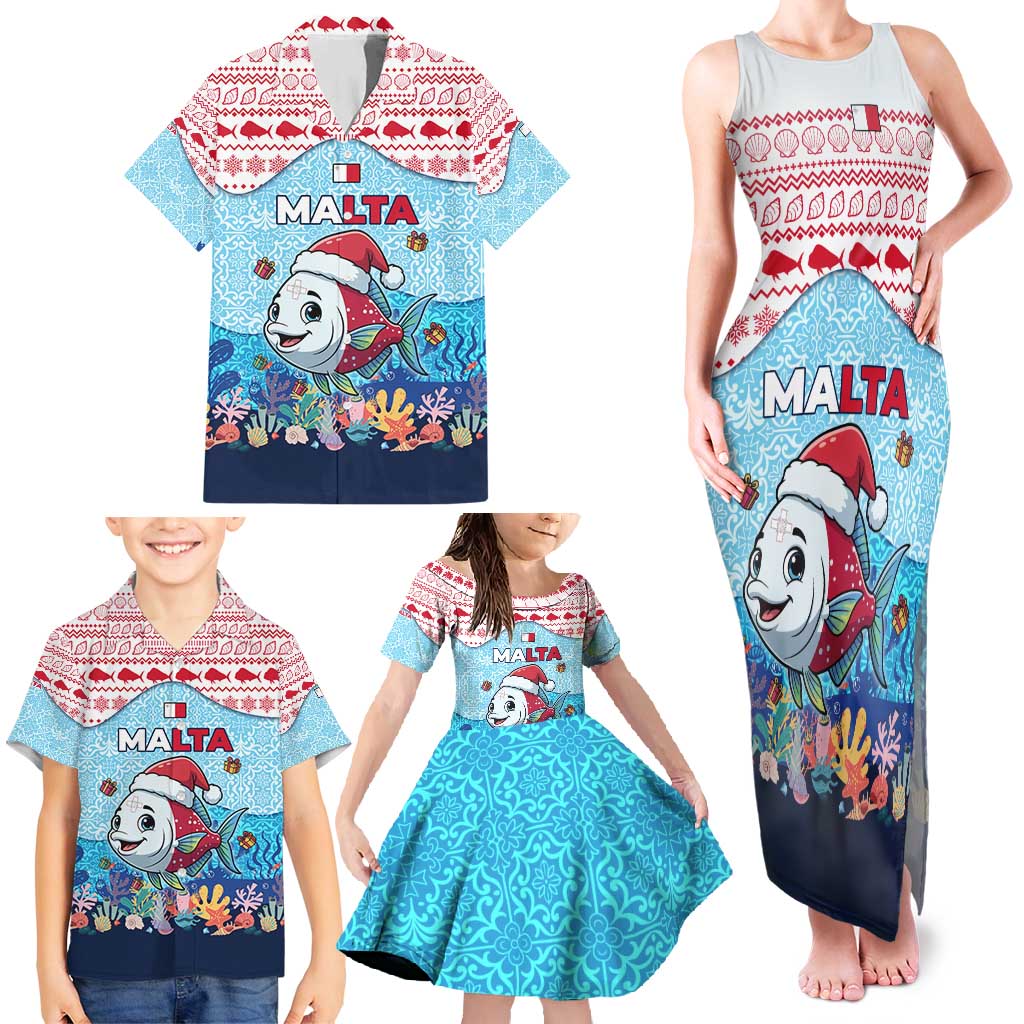 Malta Christmas Family Matching Tank Maxi Dress and Hawaiian Shirt with Santa Fish Malta Flag Coral Reef and Red Blue Festive Pattern Design - Wonder Print Shop
