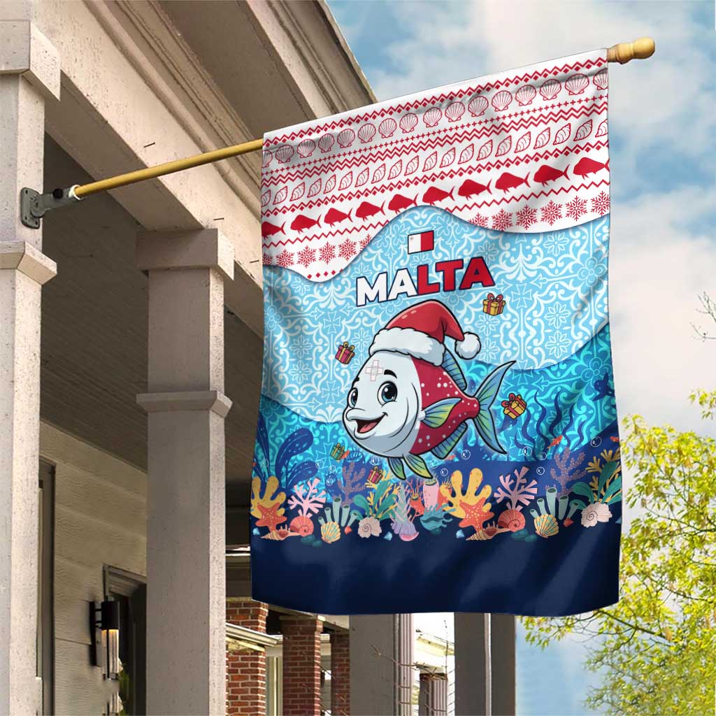 Malta Christmas Garden Flag with Santa Fish Malta Flag Coral Reef and Red Blue Festive Pattern Design - Wonder Print Shop