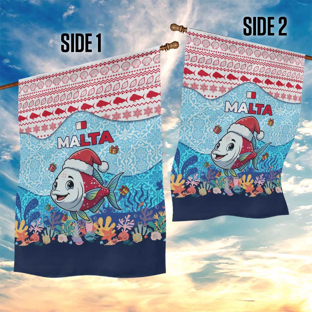 Malta Christmas Garden Flag with Santa Fish Malta Flag Coral Reef and Red Blue Festive Pattern Design - Wonder Print Shop