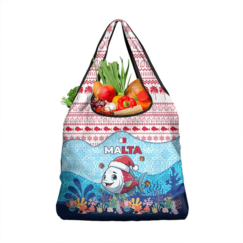 Malta Christmas Grocery Bag with Santa Fish Malta Flag Coral Reef and Red Blue Festive Pattern Design - Wonder Print Shop