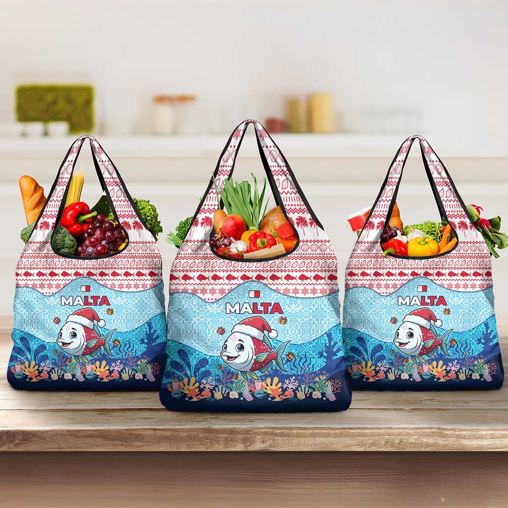 Malta Christmas Grocery Bag with Santa Fish Malta Flag Coral Reef and Red Blue Festive Pattern Design - Wonder Print Shop