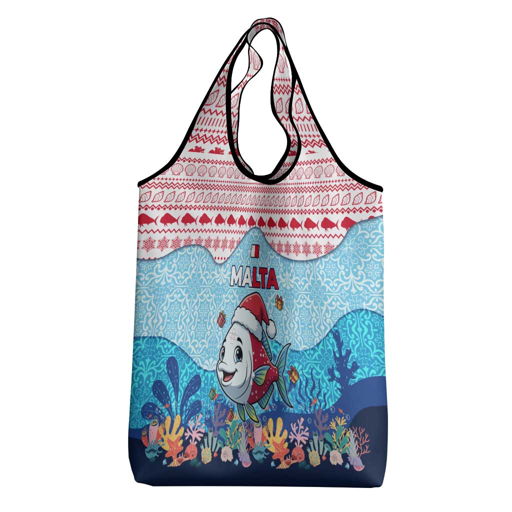 Malta Christmas Grocery Bag with Santa Fish Malta Flag Coral Reef and Red Blue Festive Pattern Design - Wonder Print Shop