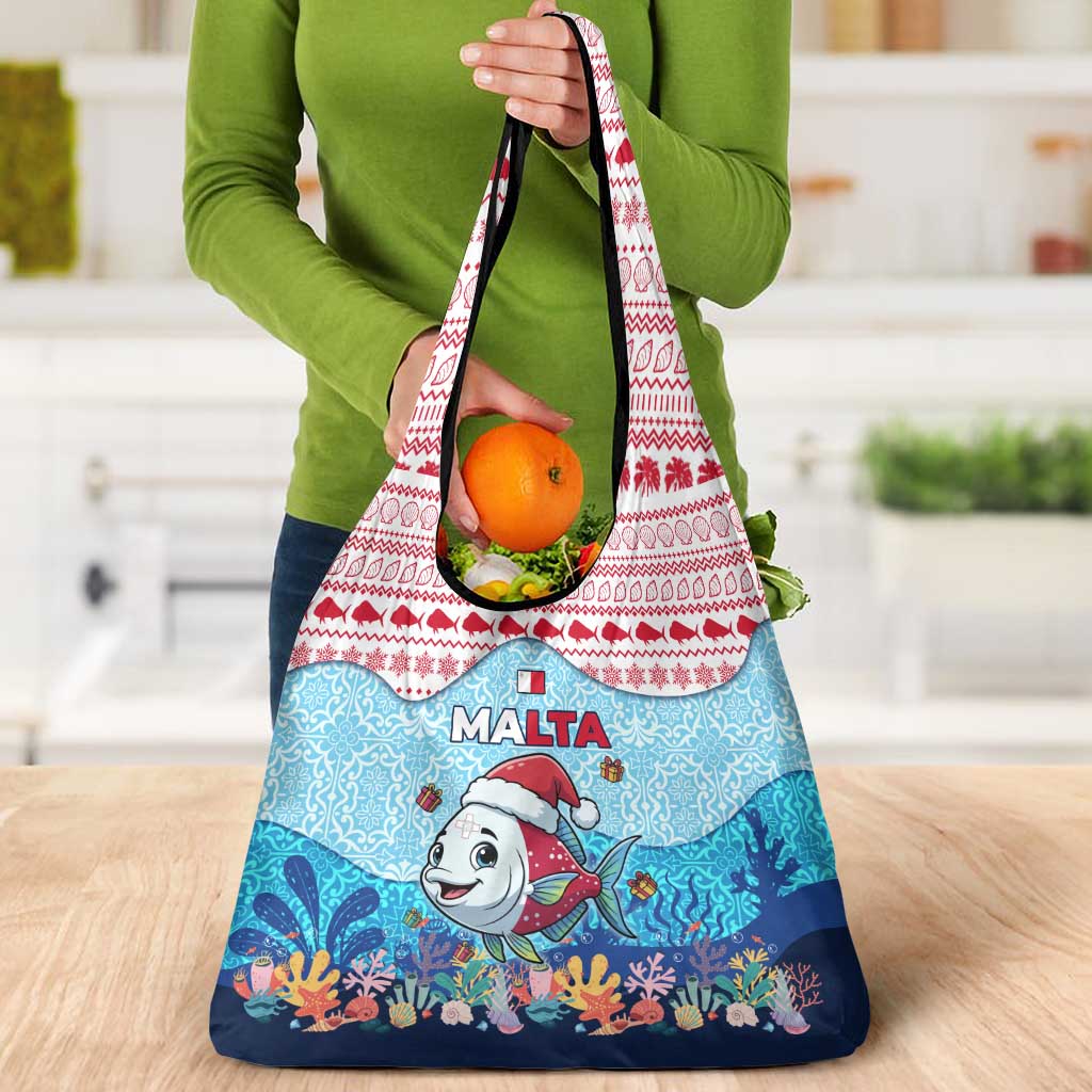 Malta Christmas Grocery Bag with Santa Fish Malta Flag Coral Reef and Red Blue Festive Pattern Design - Wonder Print Shop
