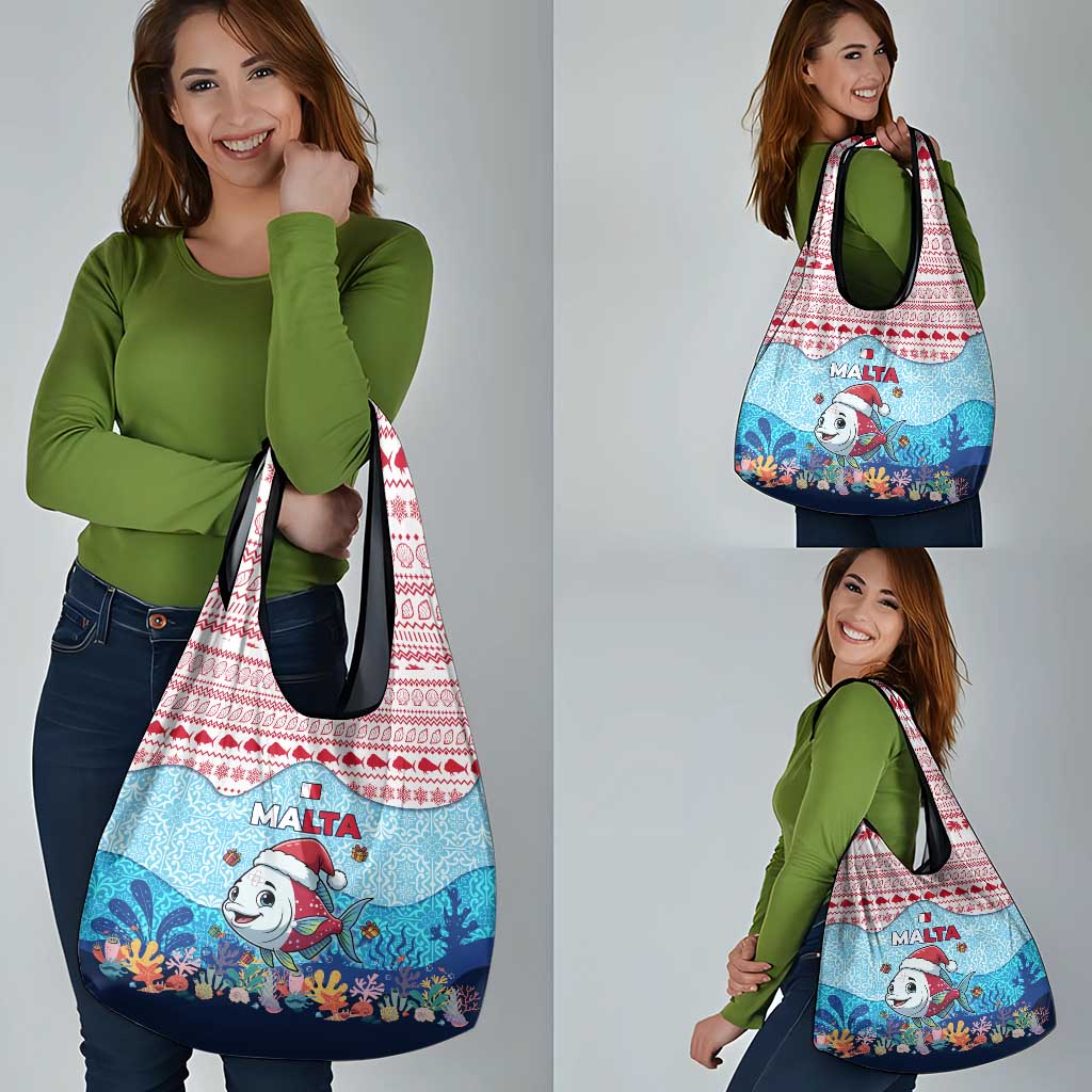 Malta Christmas Grocery Bag with Santa Fish Malta Flag Coral Reef and Red Blue Festive Pattern Design - Wonder Print Shop
