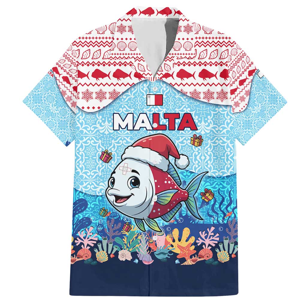 Malta Christmas Hawaiian Shirt with Santa Fish Malta Flag Coral Reef and Red Blue Festive Pattern Design - Wonder Print Shop