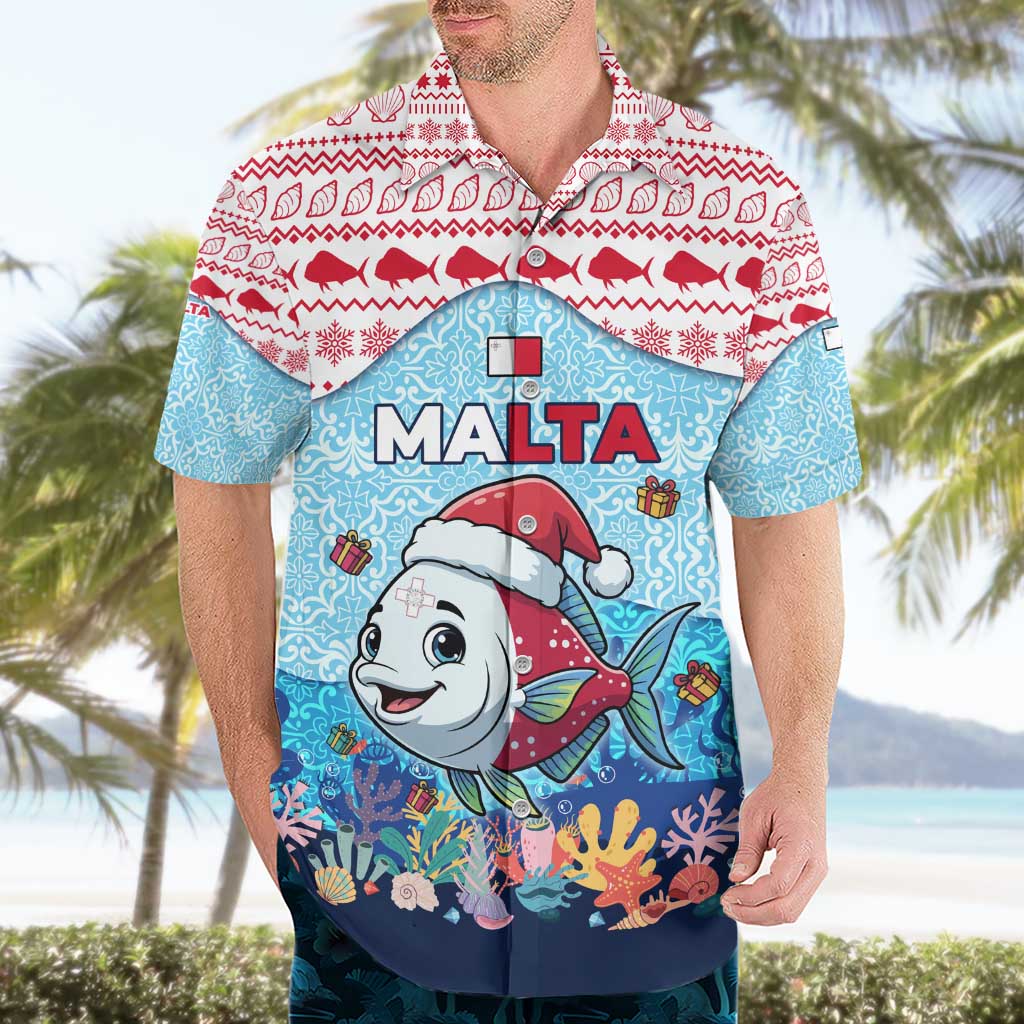 Malta Christmas Hawaiian Shirt with Santa Fish Malta Flag Coral Reef and Red Blue Festive Pattern Design - Wonder Print Shop