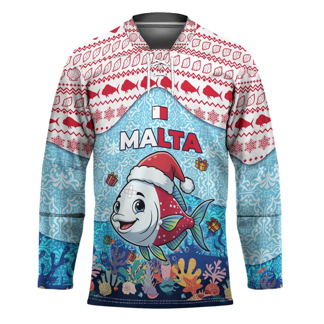 Malta Christmas Hockey Jersey with Santa Fish Malta Flag Coral Reef and Red Blue Festive Pattern Design - Wonder Print Shop