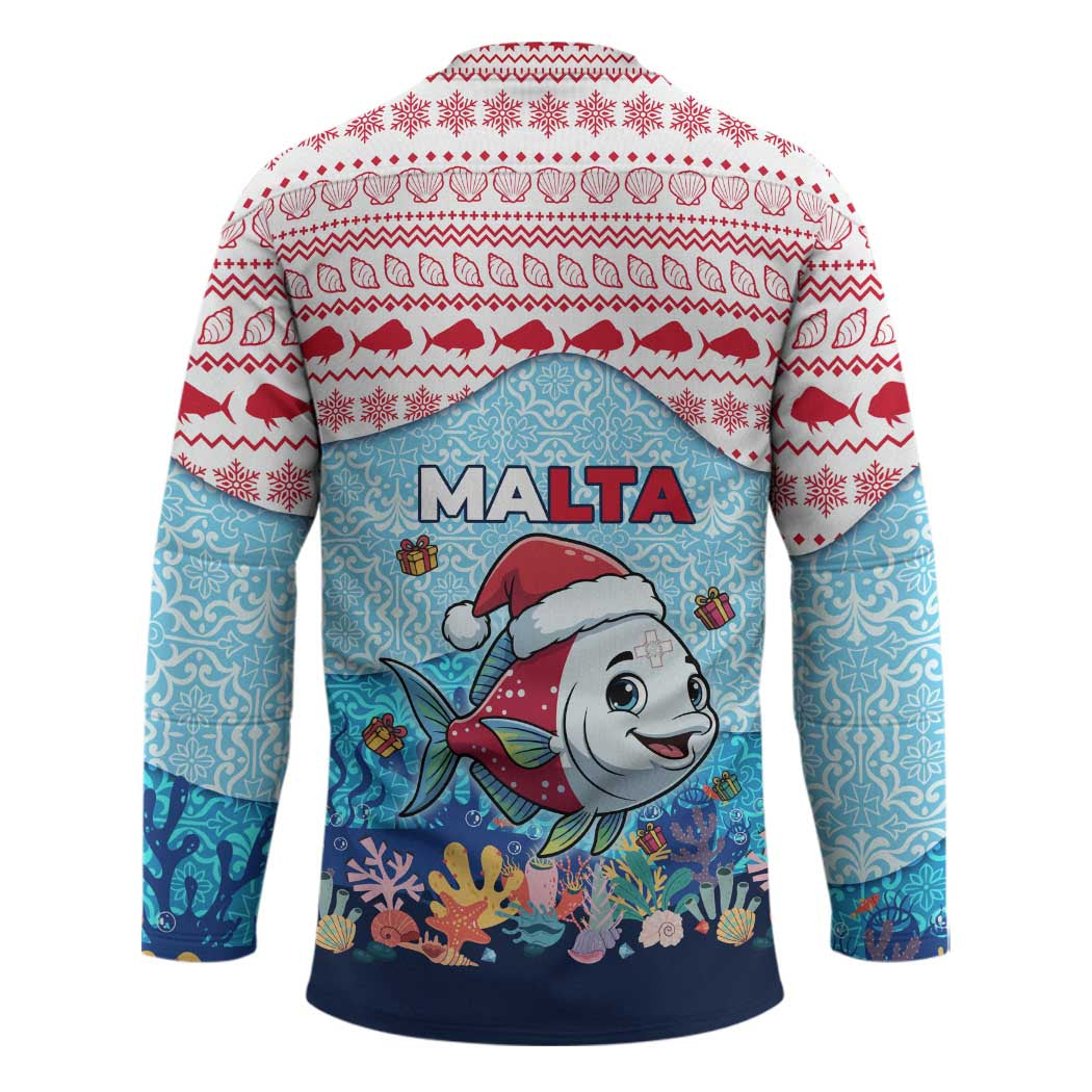 Malta Christmas Hockey Jersey with Santa Fish Malta Flag Coral Reef and Red Blue Festive Pattern Design - Wonder Print Shop