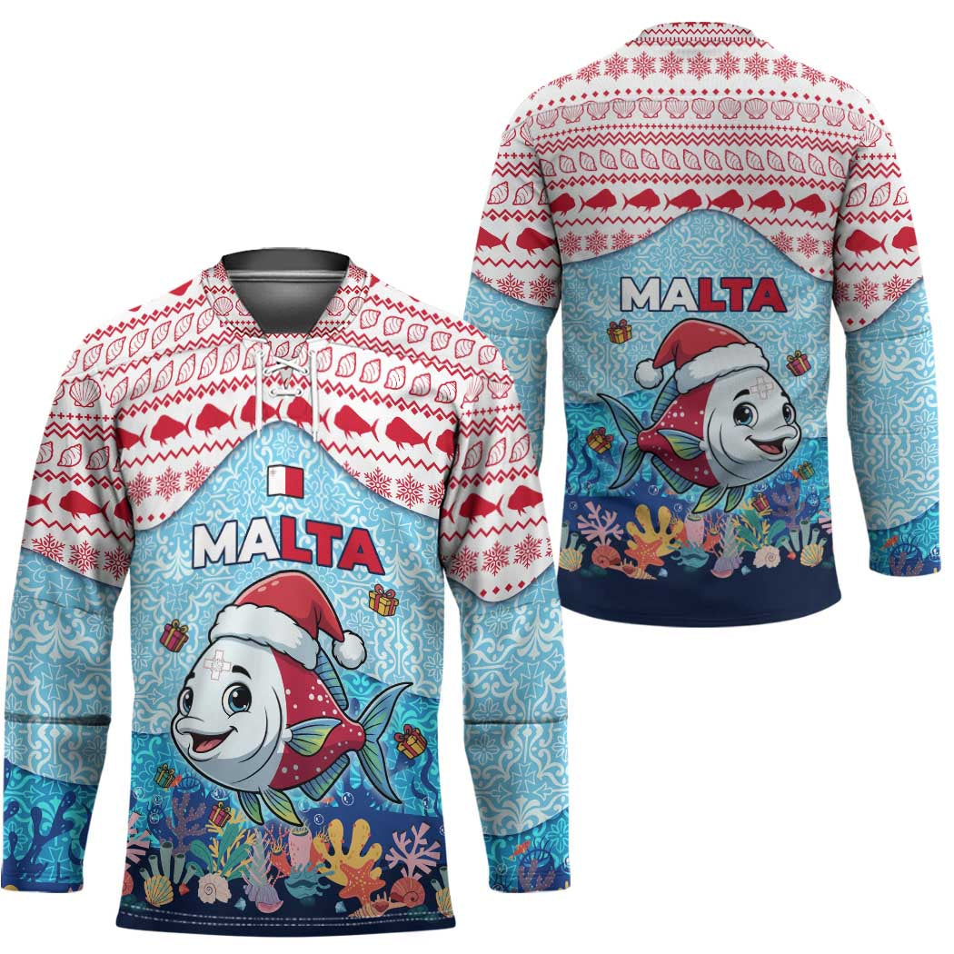 Malta Christmas Hockey Jersey with Santa Fish Malta Flag Coral Reef and Red Blue Festive Pattern Design - Wonder Print Shop