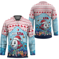 Malta Christmas Hockey Jersey with Santa Fish Malta Flag Coral Reef and Red Blue Festive Pattern Design - Wonder Print Shop