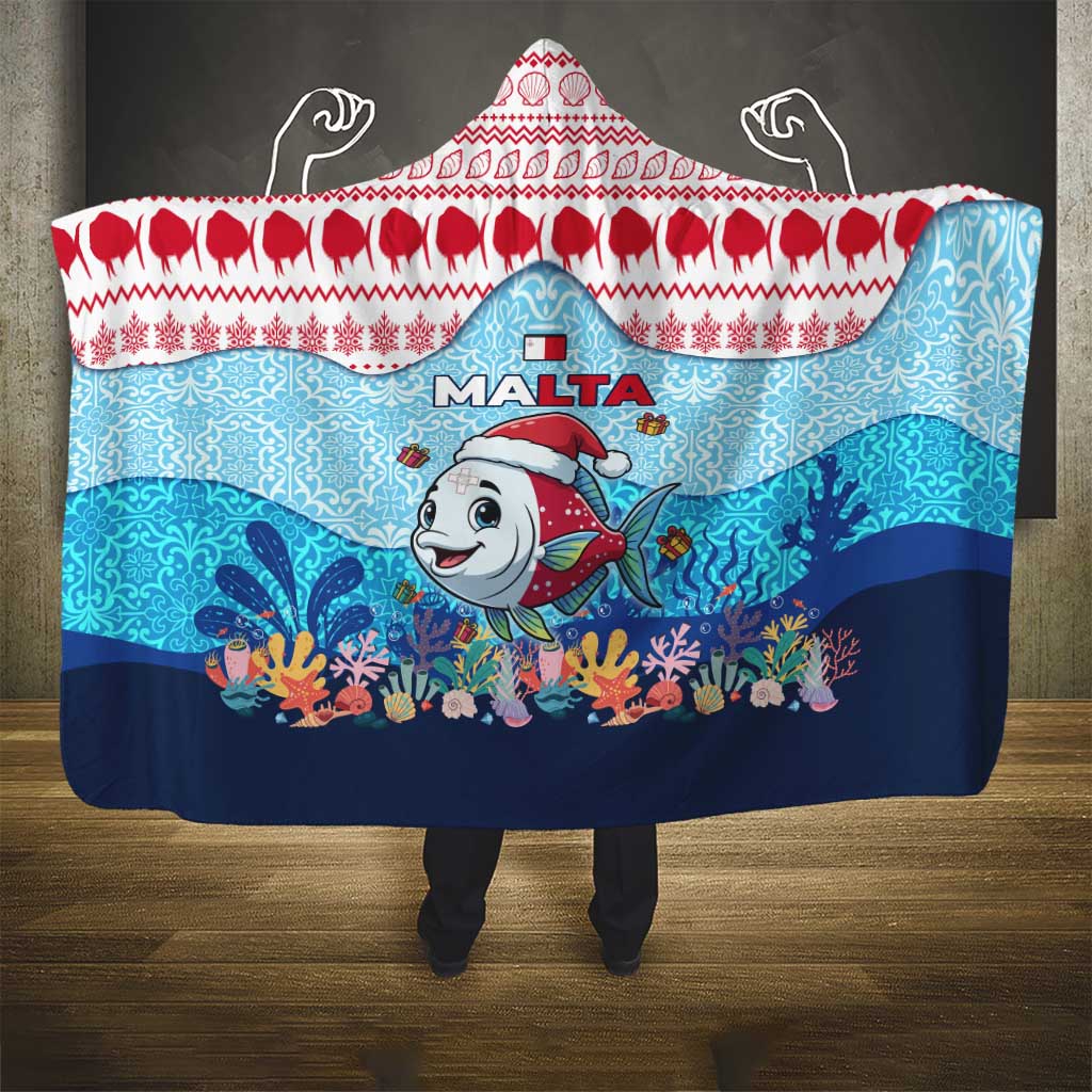 Malta Christmas Hooded Blanket with Santa Fish Malta Flag Coral Reef and Red Blue Festive Pattern Design - Wonder Print Shop
