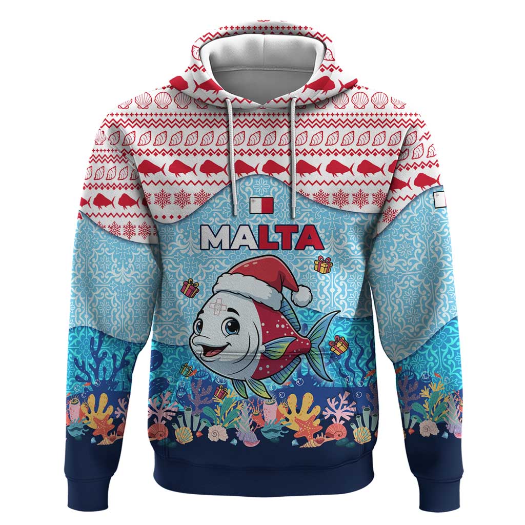 Malta Christmas Hoodie with Santa Fish Malta Flag Coral Reef and Red Blue Festive Pattern Design - Wonder Print Shop