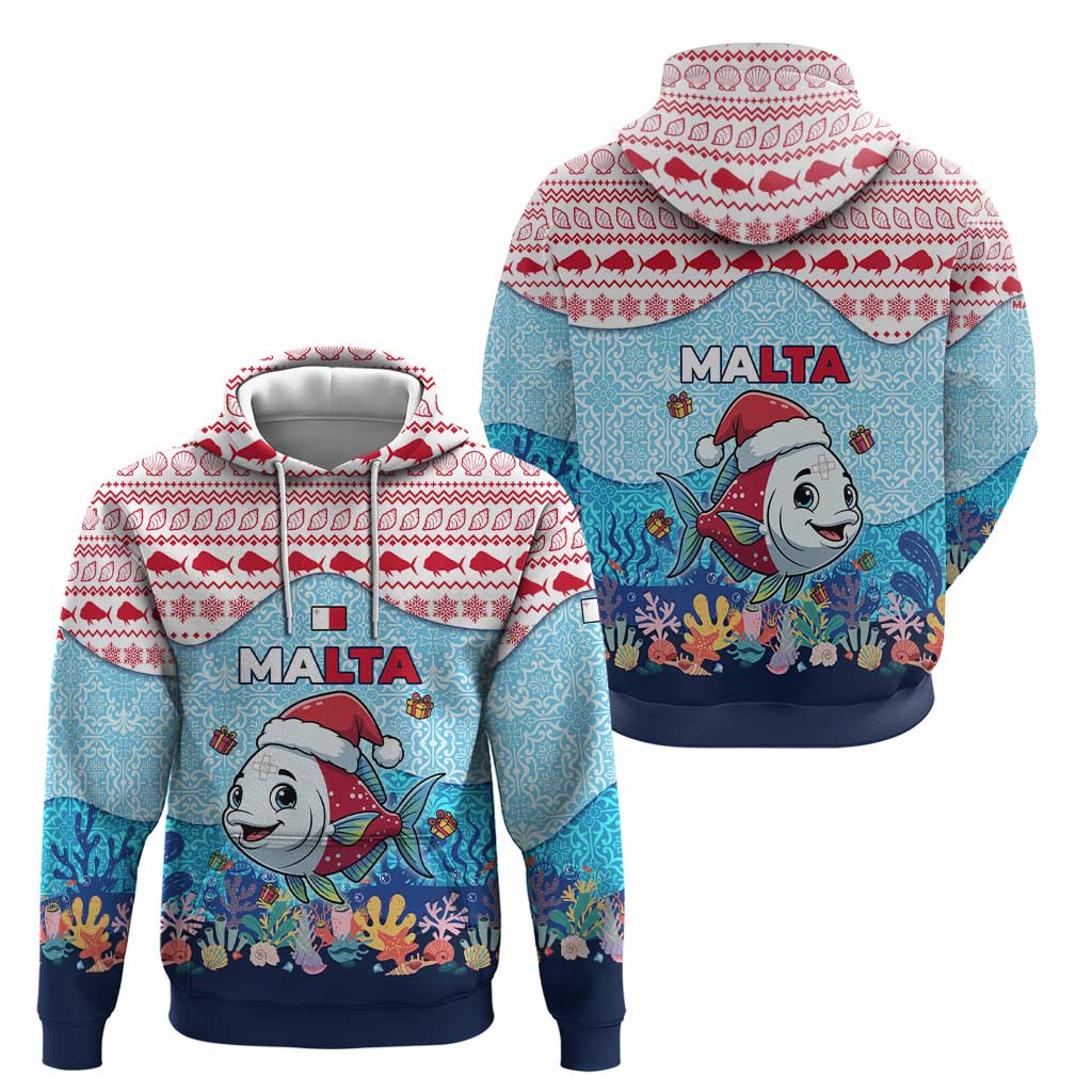 Malta Christmas Hoodie with Santa Fish Malta Flag Coral Reef and Red Blue Festive Pattern Design - Wonder Print Shop