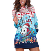Malta Christmas Hoodie Dress with Santa Fish Malta Flag Coral Reef and Red Blue Festive Pattern Design - Wonder Print Shop