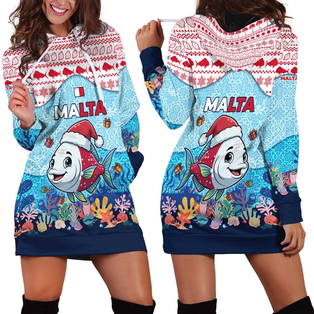 Malta Christmas Hoodie Dress with Santa Fish Malta Flag Coral Reef and Red Blue Festive Pattern Design - Wonder Print Shop
