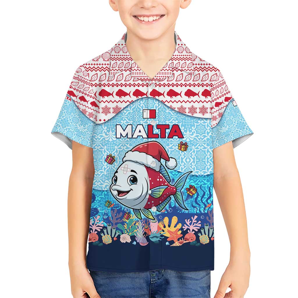 Malta Christmas Kid Hawaiian Shirt with Santa Fish Malta Flag Coral Reef and Red Blue Festive Pattern Design - Wonder Print Shop