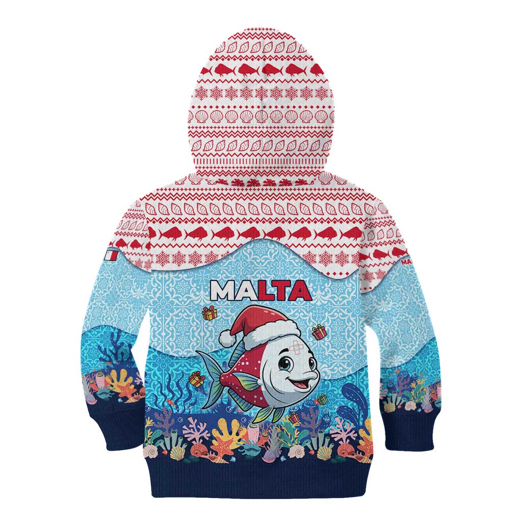 Malta Christmas Kid Hoodie with Santa Fish Malta Flag Coral Reef and Red Blue Festive Pattern Design - Wonder Print Shop