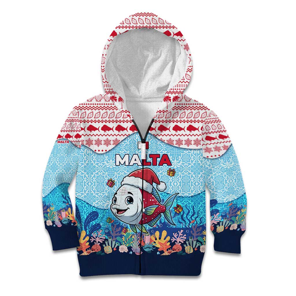 Malta Christmas Kid Hoodie with Santa Fish Malta Flag Coral Reef and Red Blue Festive Pattern Design - Wonder Print Shop