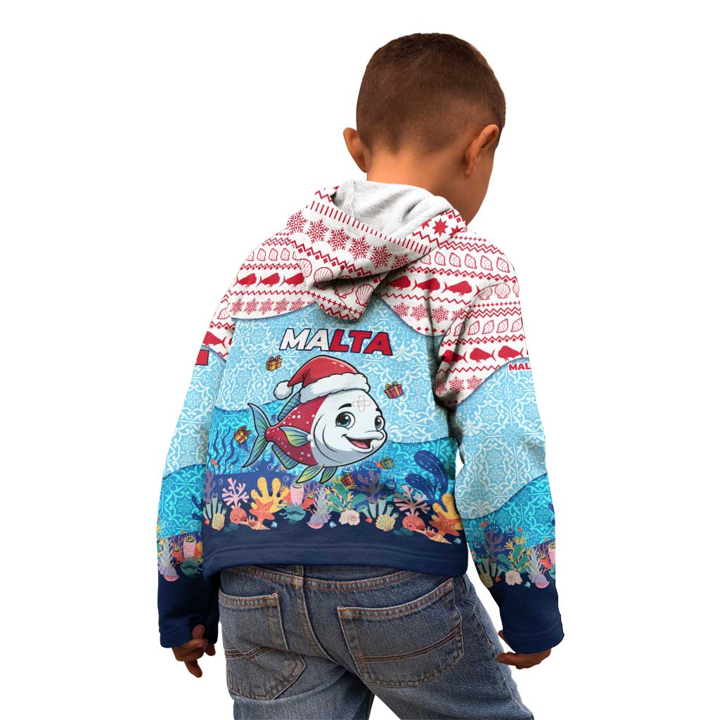Malta Christmas Kid Hoodie with Santa Fish Malta Flag Coral Reef and Red Blue Festive Pattern Design - Wonder Print Shop