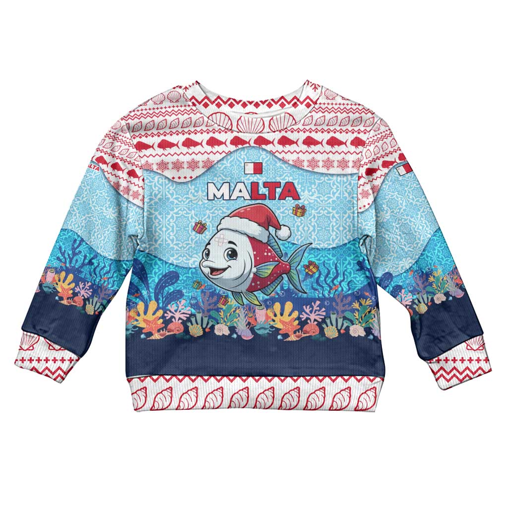 Malta Christmas Kid Ugly Christmas Sweater with Santa Fish Malta Flag Coral Reef and Red Blue Festive Pattern Design - Wonder Print Shop