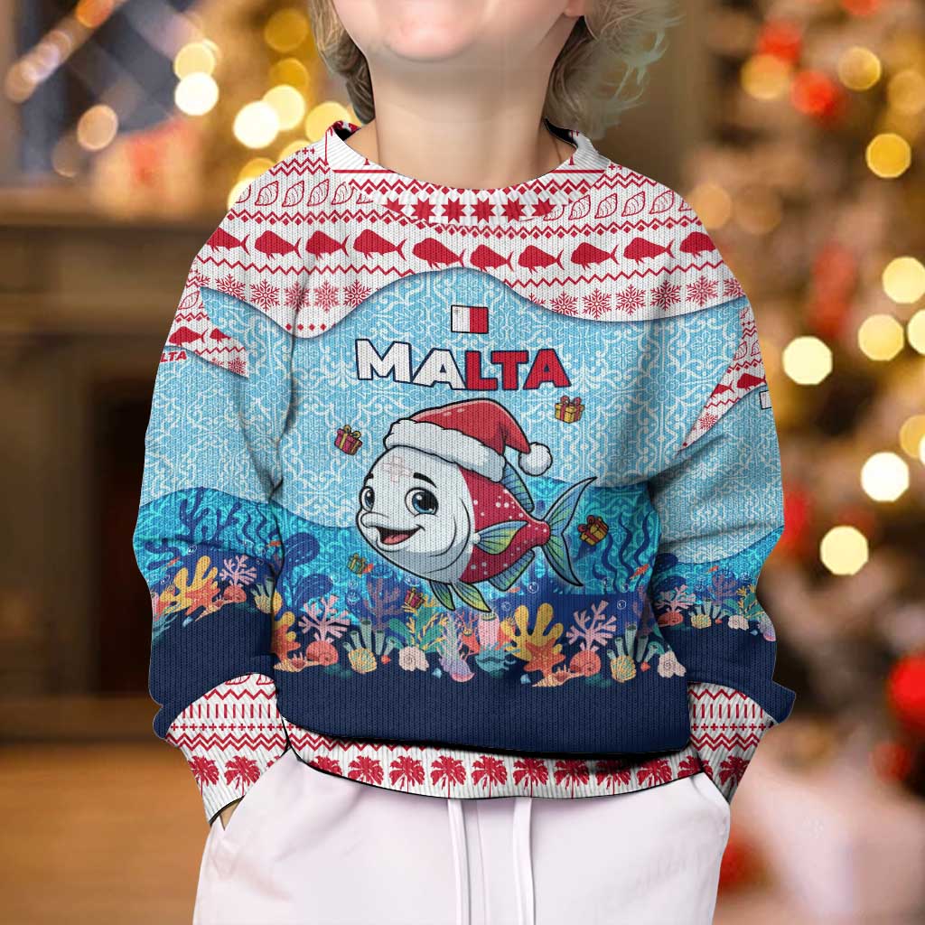 Malta Christmas Kid Ugly Christmas Sweater with Santa Fish Malta Flag Coral Reef and Red Blue Festive Pattern Design - Wonder Print Shop