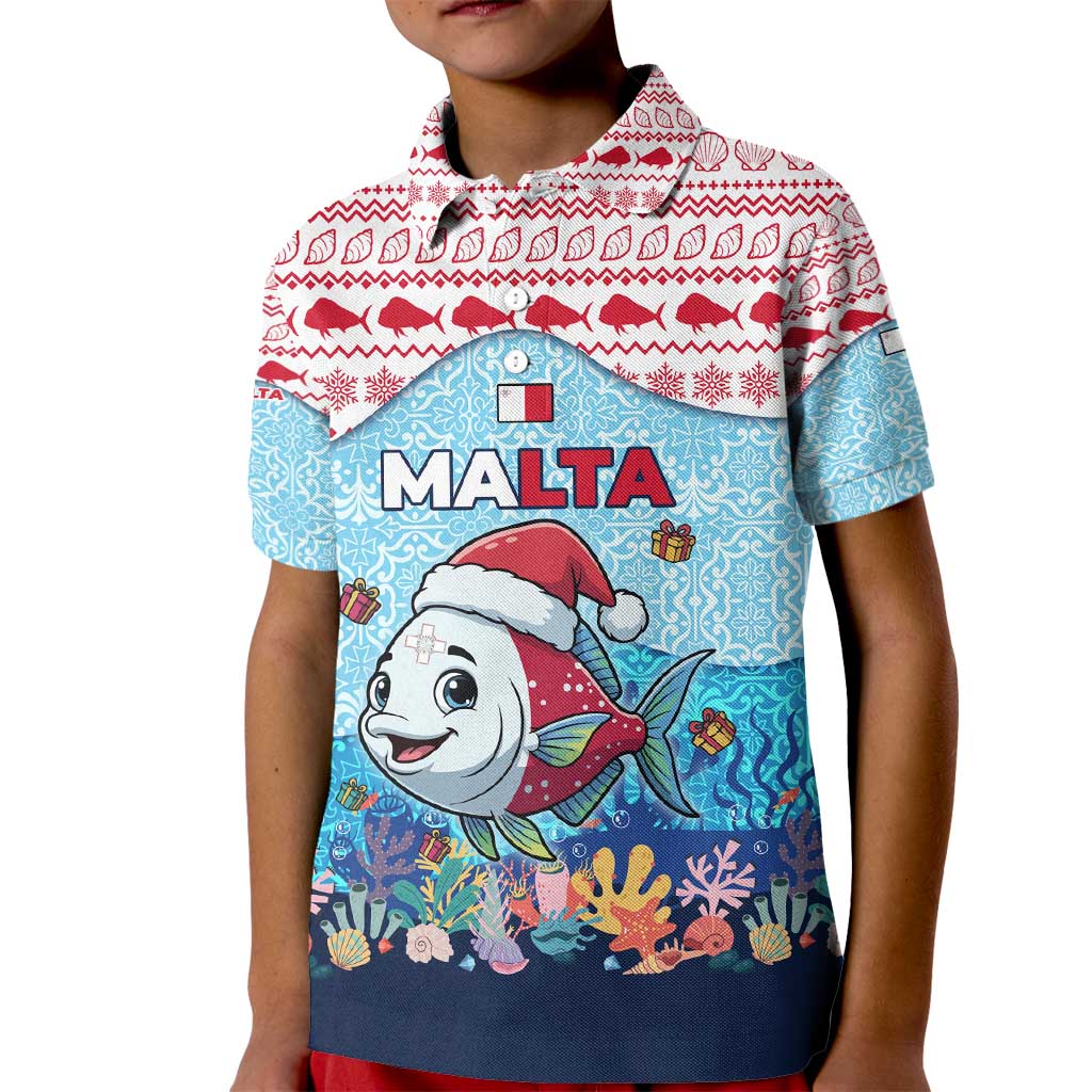 Malta Christmas Kid Polo Shirt with Santa Fish Malta Flag Coral Reef and Red Blue Festive Pattern Design - Wonder Print Shop