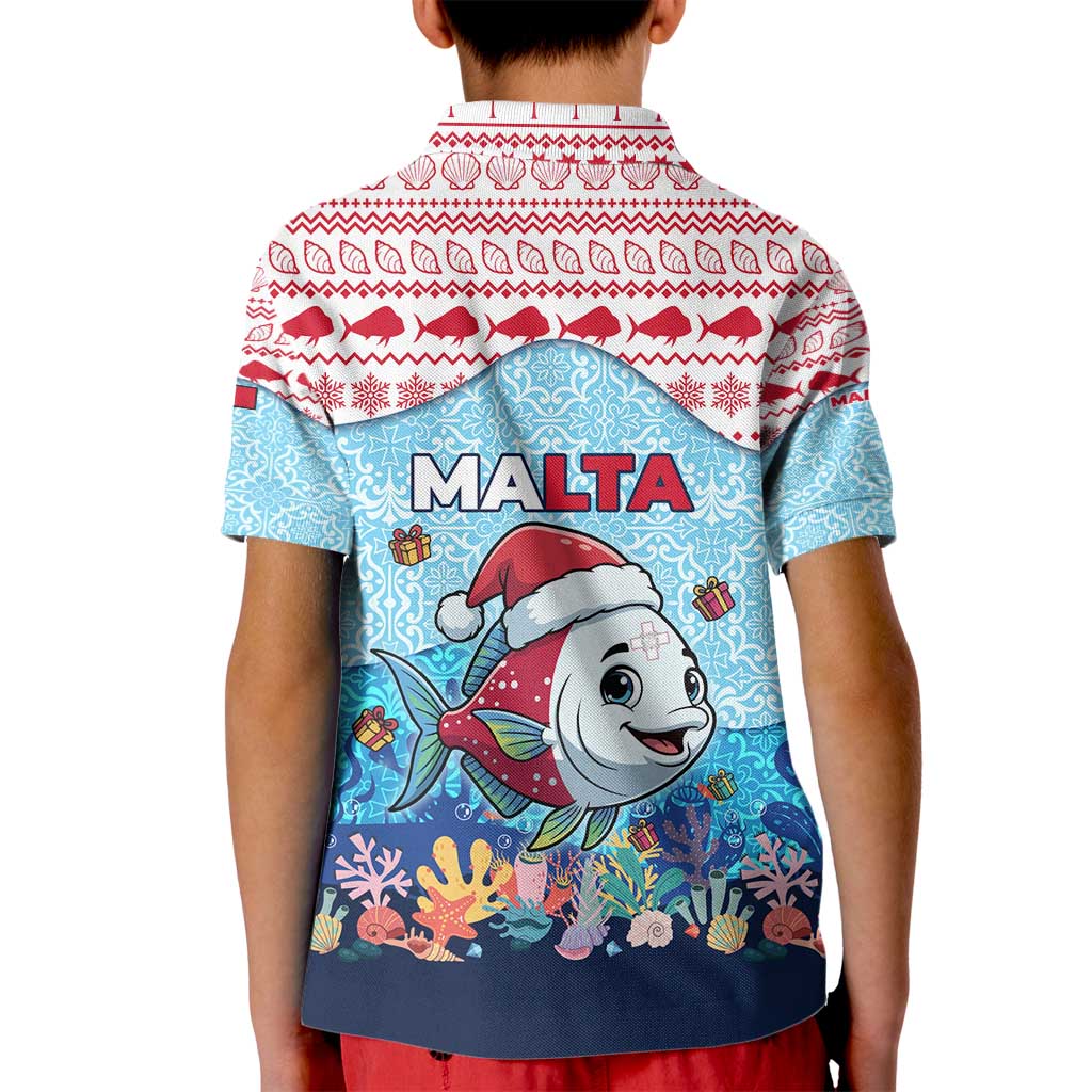 Malta Christmas Kid Polo Shirt with Santa Fish Malta Flag Coral Reef and Red Blue Festive Pattern Design - Wonder Print Shop