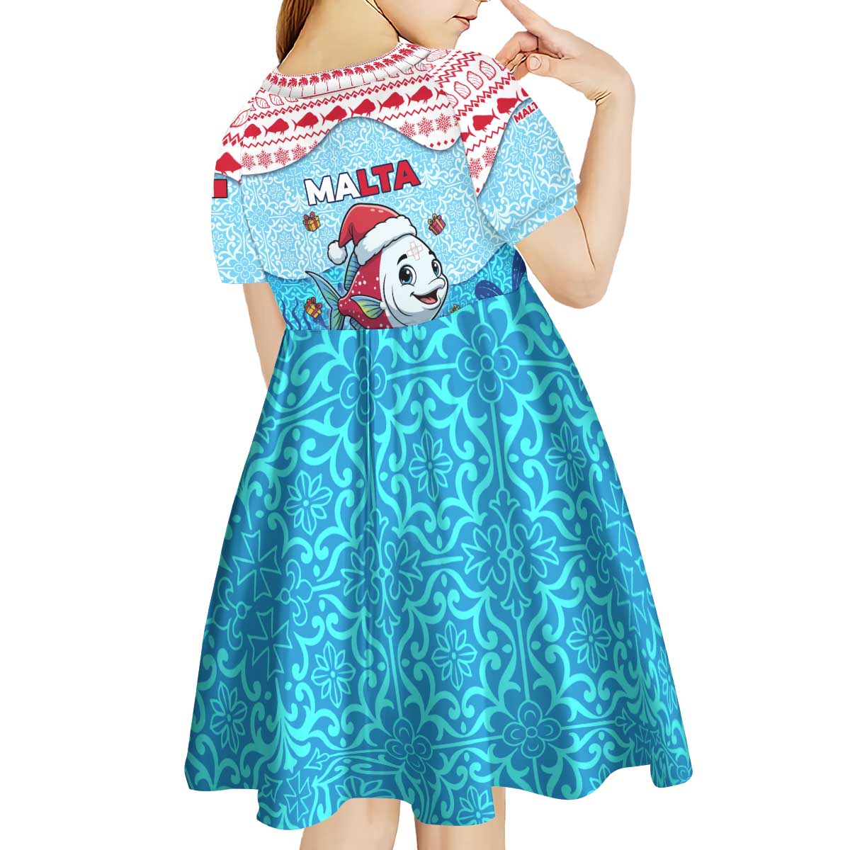 Malta Christmas Kid Short Sleeve Dress with Santa Fish Malta Flag Coral Reef and Red Blue Festive Pattern Design - Wonder Print Shop