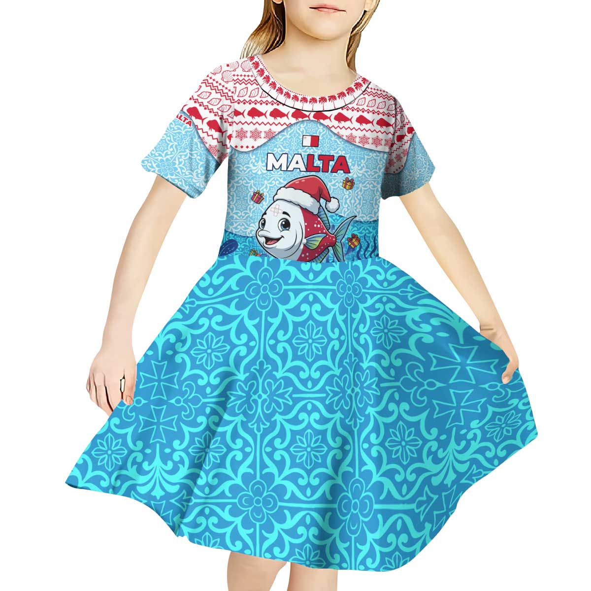 Malta Christmas Kid Short Sleeve Dress with Santa Fish Malta Flag Coral Reef and Red Blue Festive Pattern Design - Wonder Print Shop