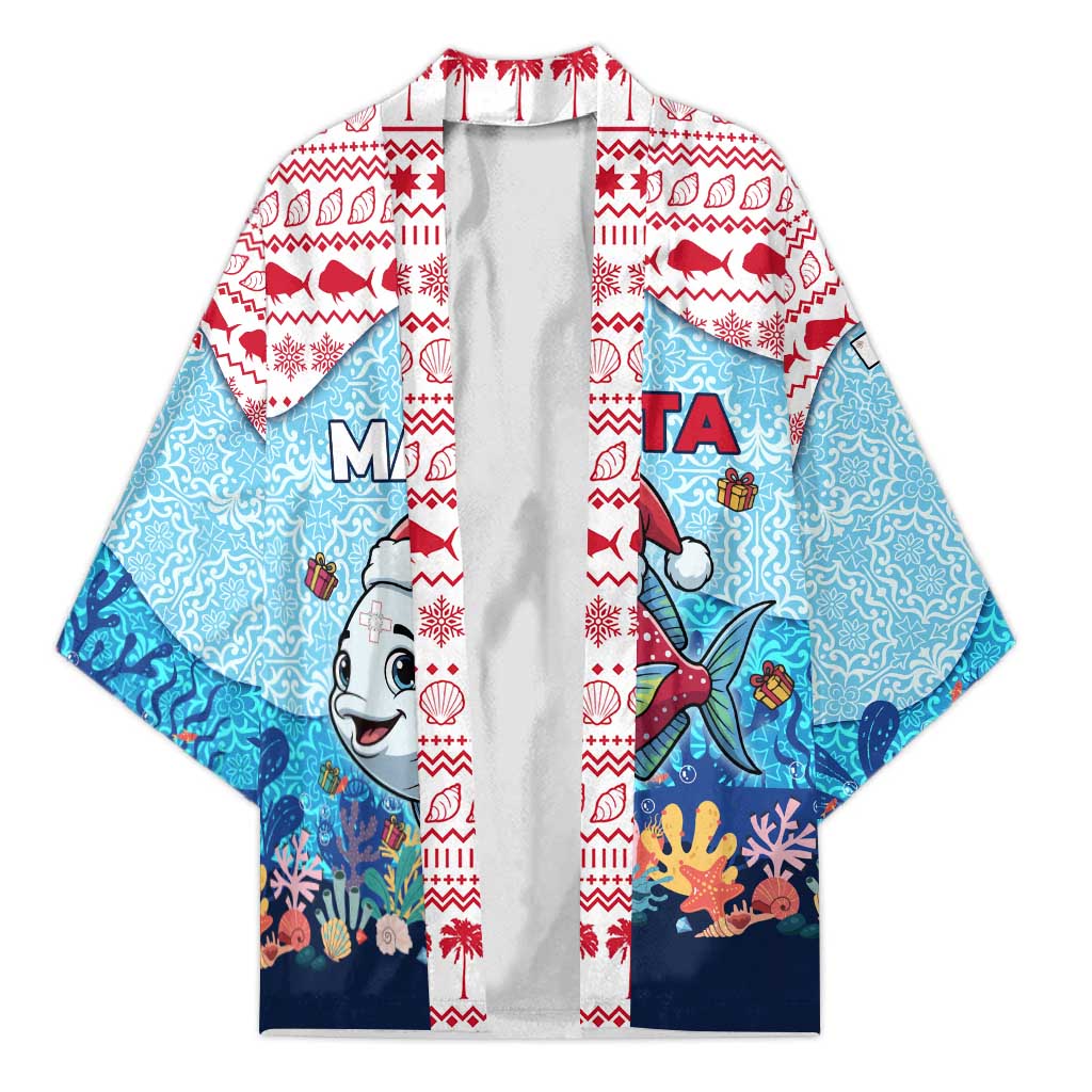 Malta Christmas Kimono with Santa Fish Malta Flag Coral Reef and Red Blue Festive Pattern Design - Wonder Print Shop