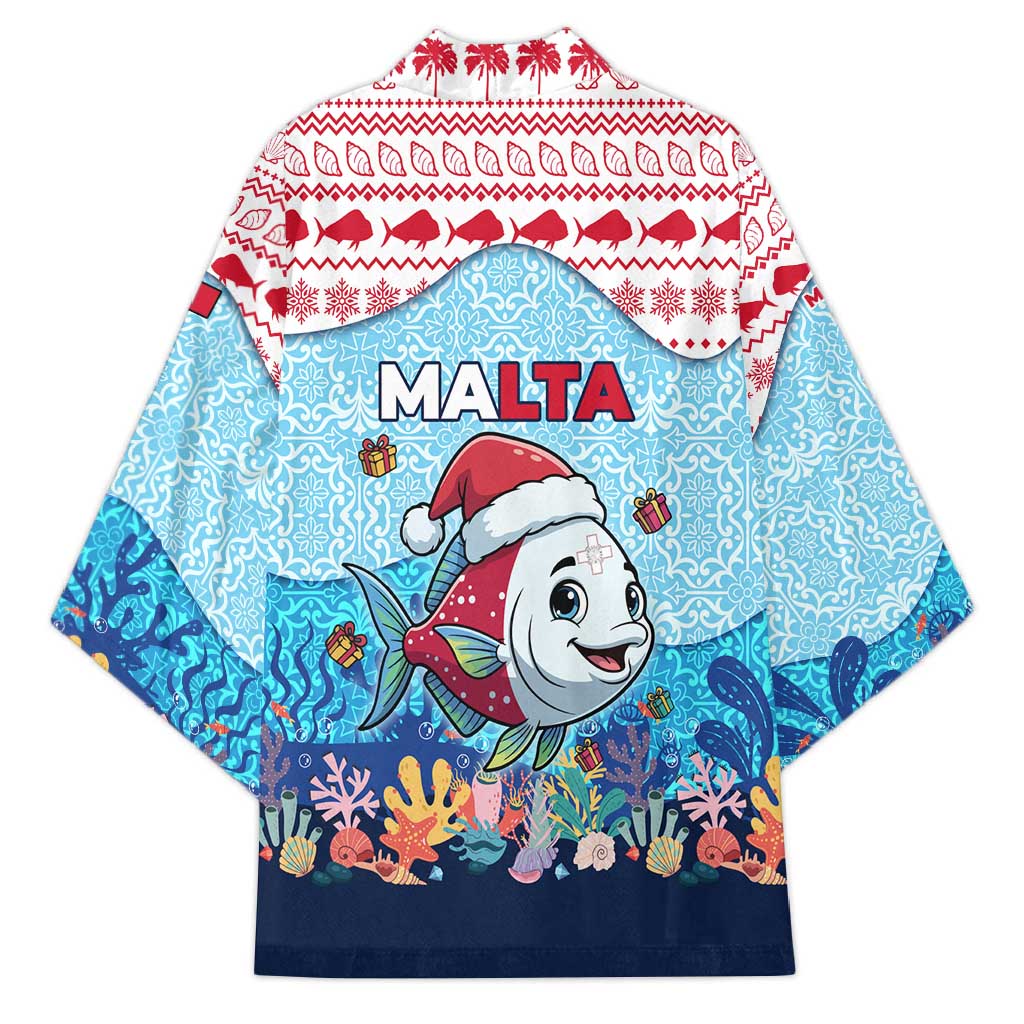 Malta Christmas Kimono with Santa Fish Malta Flag Coral Reef and Red Blue Festive Pattern Design - Wonder Print Shop