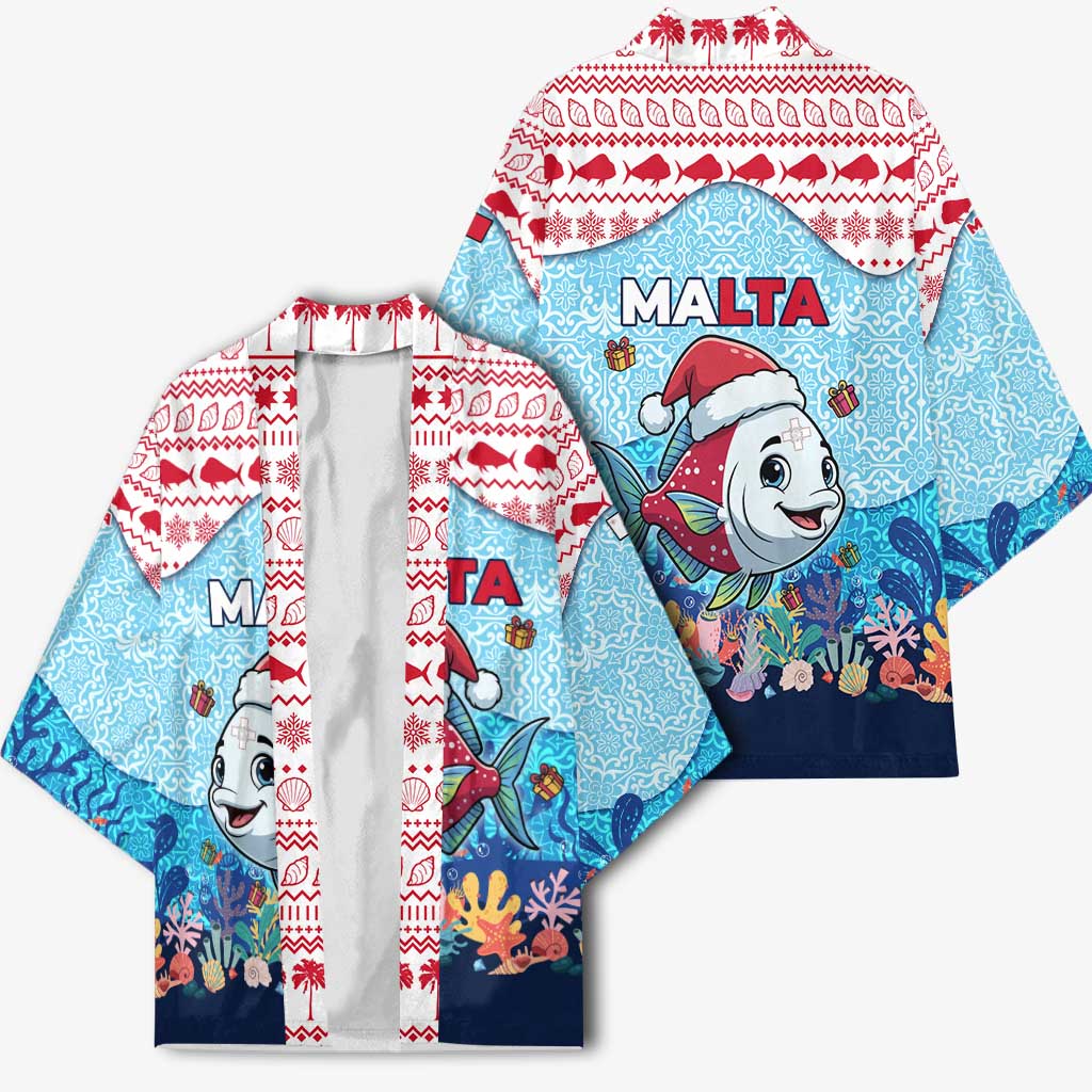 Malta Christmas Kimono with Santa Fish Malta Flag Coral Reef and Red Blue Festive Pattern Design - Wonder Print Shop