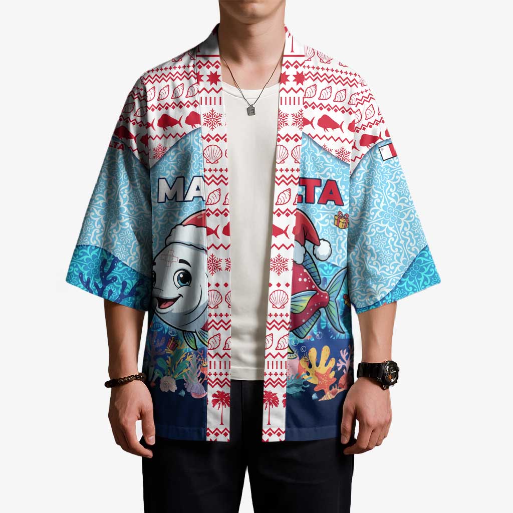 Malta Christmas Kimono with Santa Fish Malta Flag Coral Reef and Red Blue Festive Pattern Design - Wonder Print Shop