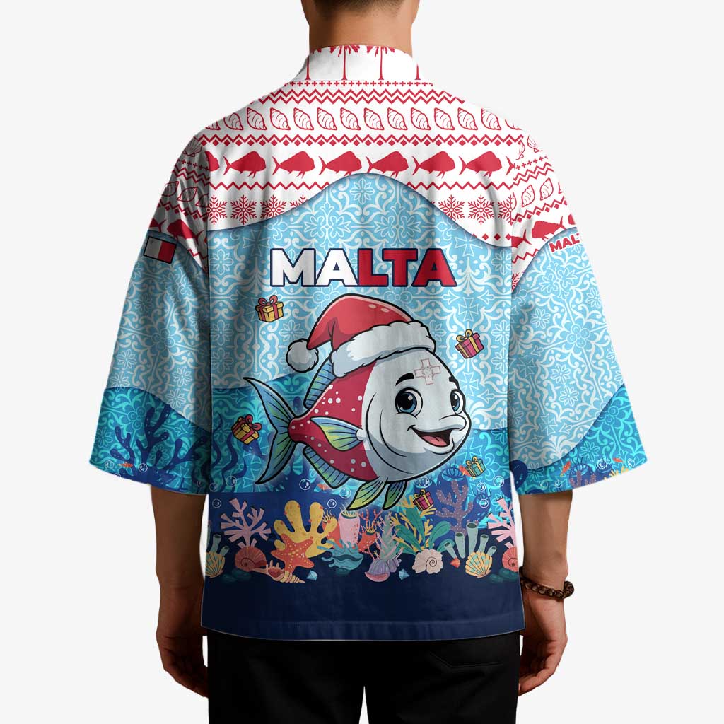 Malta Christmas Kimono with Santa Fish Malta Flag Coral Reef and Red Blue Festive Pattern Design - Wonder Print Shop