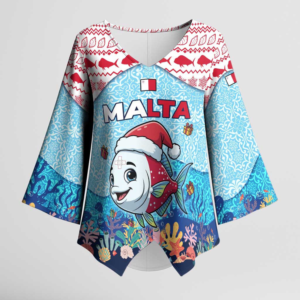 Malta Christmas Kimono Sleeve Blouse with Santa Fish Malta Flag Coral Reef and Red Blue Festive Pattern Design - Wonder Print Shop