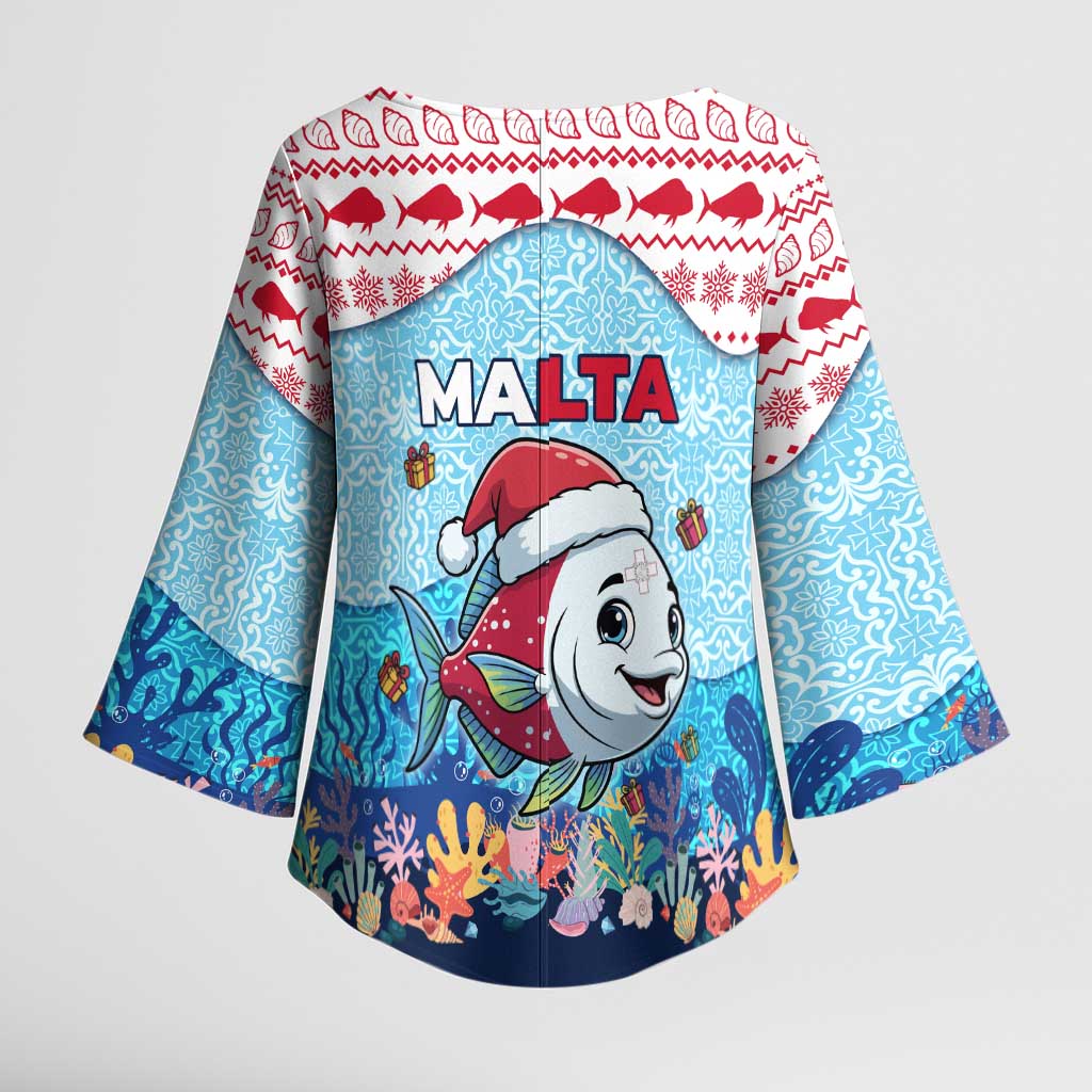 Malta Christmas Kimono Sleeve Blouse with Santa Fish Malta Flag Coral Reef and Red Blue Festive Pattern Design - Wonder Print Shop