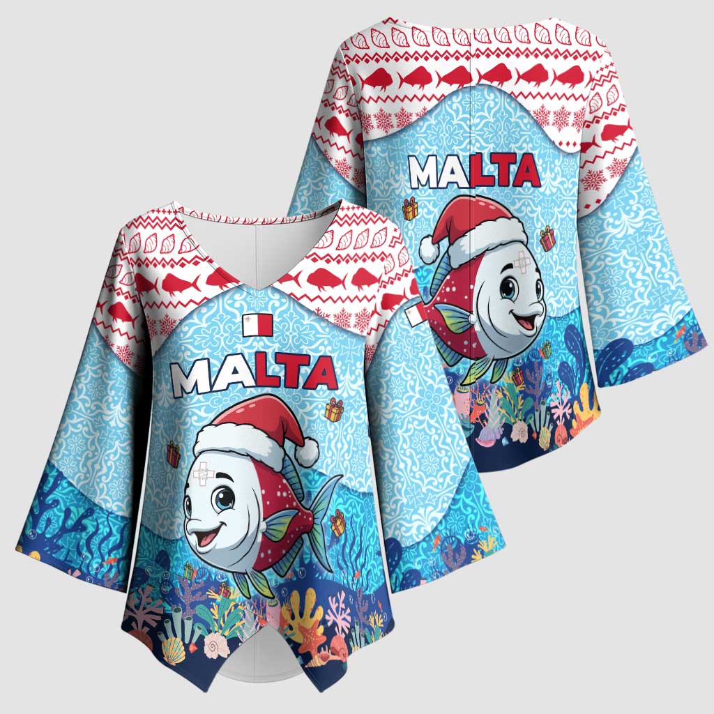 Malta Christmas Kimono Sleeve Blouse with Santa Fish Malta Flag Coral Reef and Red Blue Festive Pattern Design - Wonder Print Shop