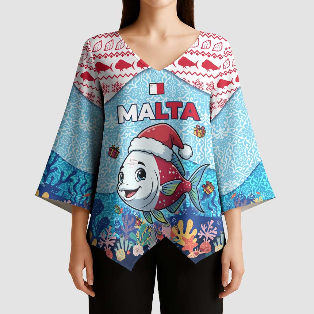 Malta Christmas Kimono Sleeve Blouse with Santa Fish Malta Flag Coral Reef and Red Blue Festive Pattern Design - Wonder Print Shop