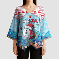 Malta Christmas Kimono Sleeve Blouse with Santa Fish Malta Flag Coral Reef and Red Blue Festive Pattern Design - Wonder Print Shop