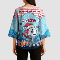 Malta Christmas Kimono Sleeve Blouse with Santa Fish Malta Flag Coral Reef and Red Blue Festive Pattern Design - Wonder Print Shop
