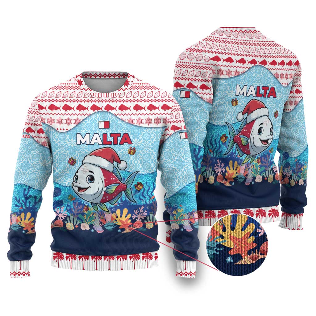 Malta Christmas Ugly Christmas Sweater with Santa Fish Malta Flag Coral Reef and Red Blue Festive Pattern Design - Wonder Print Shop