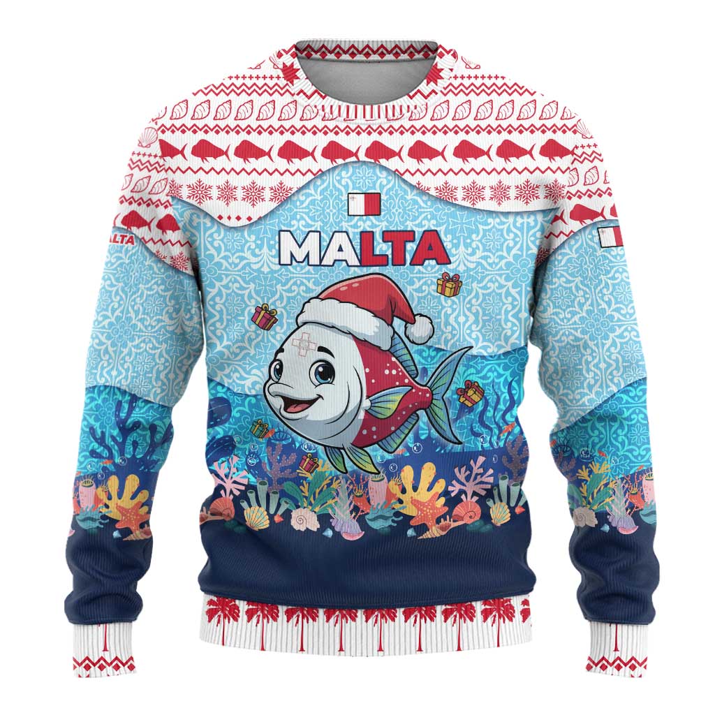 Malta Christmas Ugly Christmas Sweater with Santa Fish Malta Flag Coral Reef and Red Blue Festive Pattern Design - Wonder Print Shop