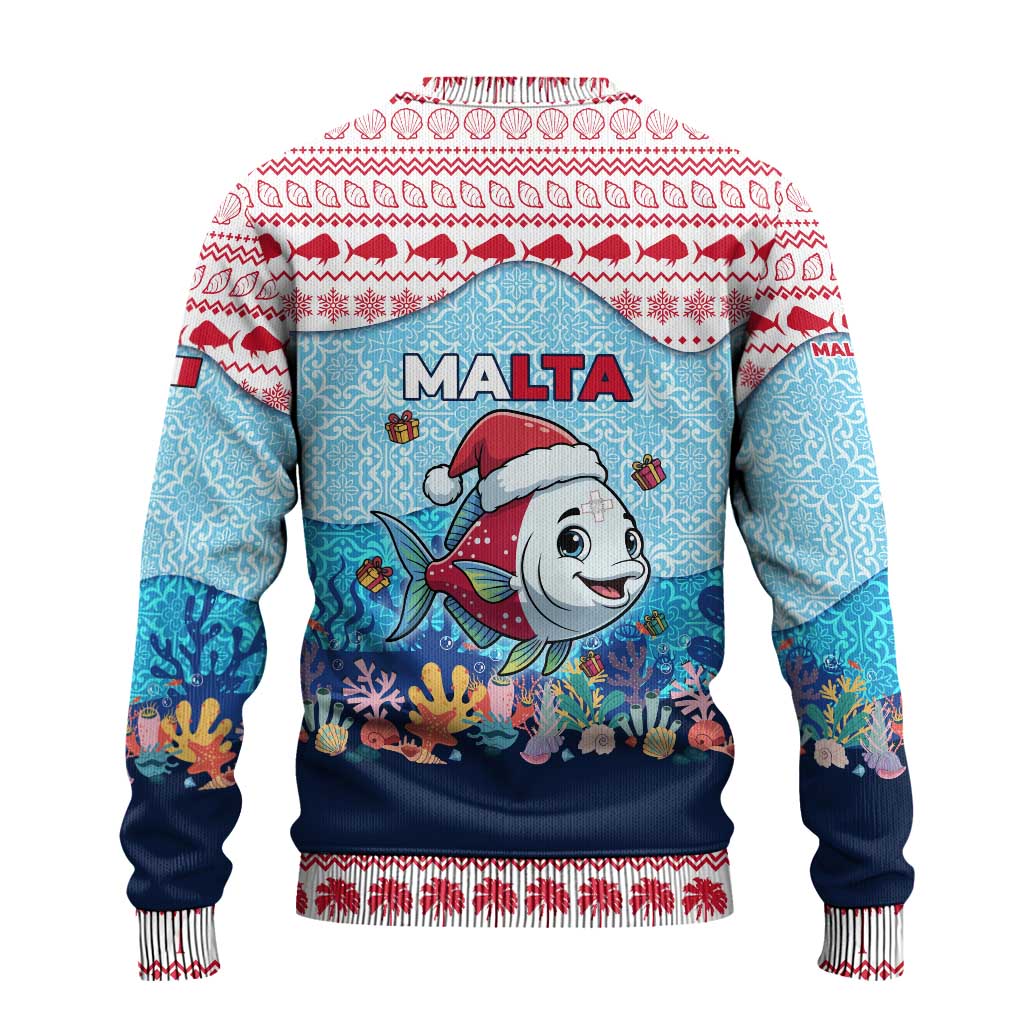 Malta Christmas Ugly Christmas Sweater with Santa Fish Malta Flag Coral Reef and Red Blue Festive Pattern Design - Wonder Print Shop