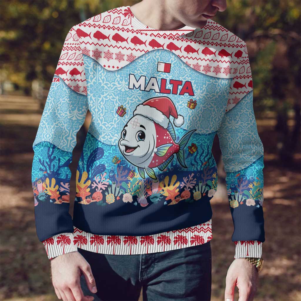 Malta Christmas Ugly Christmas Sweater with Santa Fish Malta Flag Coral Reef and Red Blue Festive Pattern Design - Wonder Print Shop
