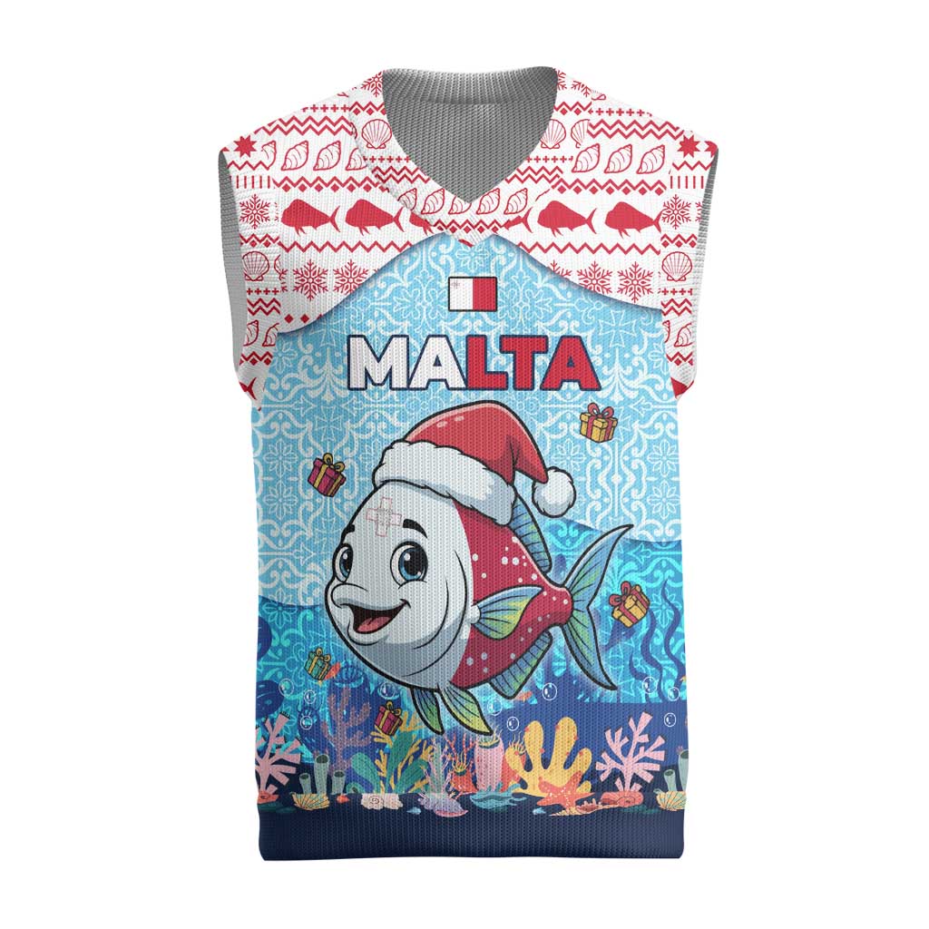 Malta Christmas Knitted V-Neck Vest with Santa Fish Malta Flag Coral Reef and Red Blue Festive Pattern Design - Wonder Print Shop
